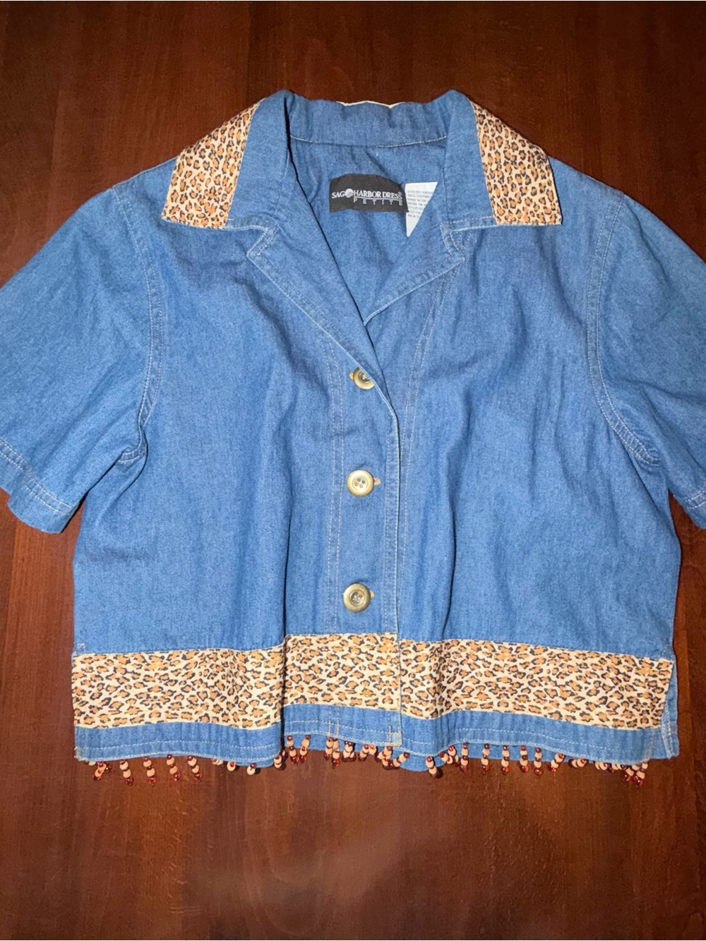 Y2K Denim Leopard Print Beaded Fringe Jacket 6P